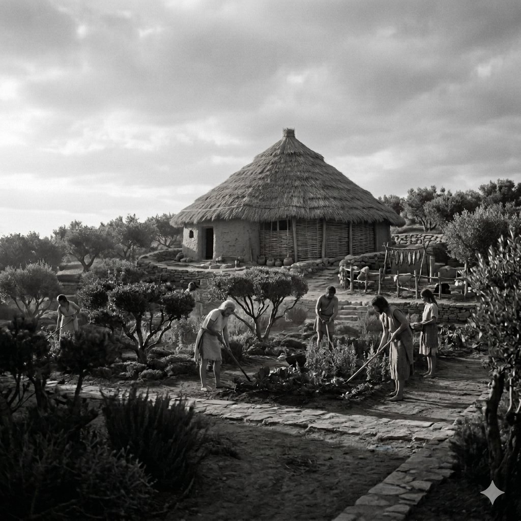 Artist's impression of ancient farmers representing the 3-million-year history of human agroforestry and sustainable farming that challenges the myth of a sudden agricultural revolution 10,000 years ago