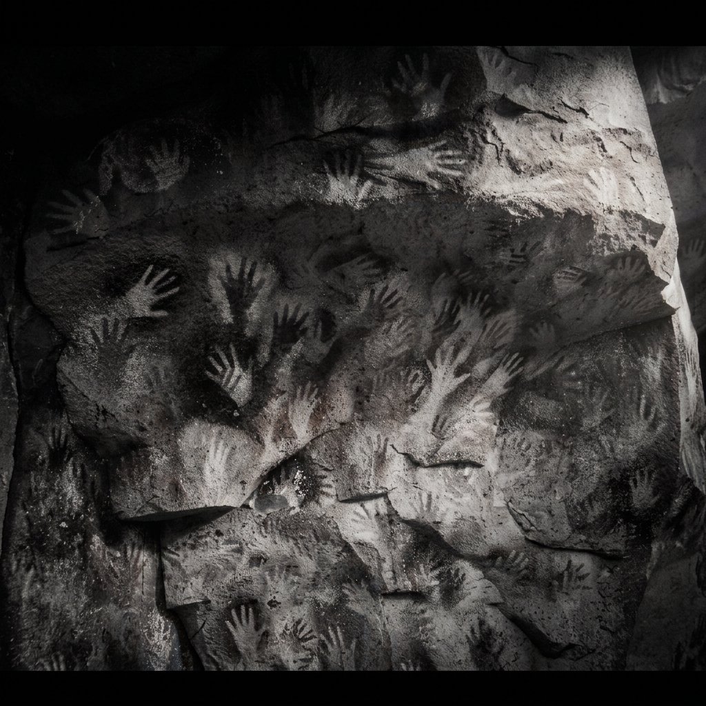 Artist's impression of prehistoric hand stencils in the style of Cueva de las Manos, Argentina, where over 90% of the painted hands are left hands—physical proof of right-handedness dating back thousands of years of human evolution