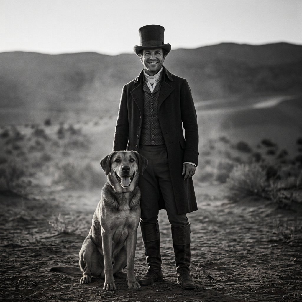 Artist's impression of a smiling man standing beside a happy dog—illustrating the 15,000-year dog domestication process that shaped human gender roles, social structure, and the origins of patriarchy