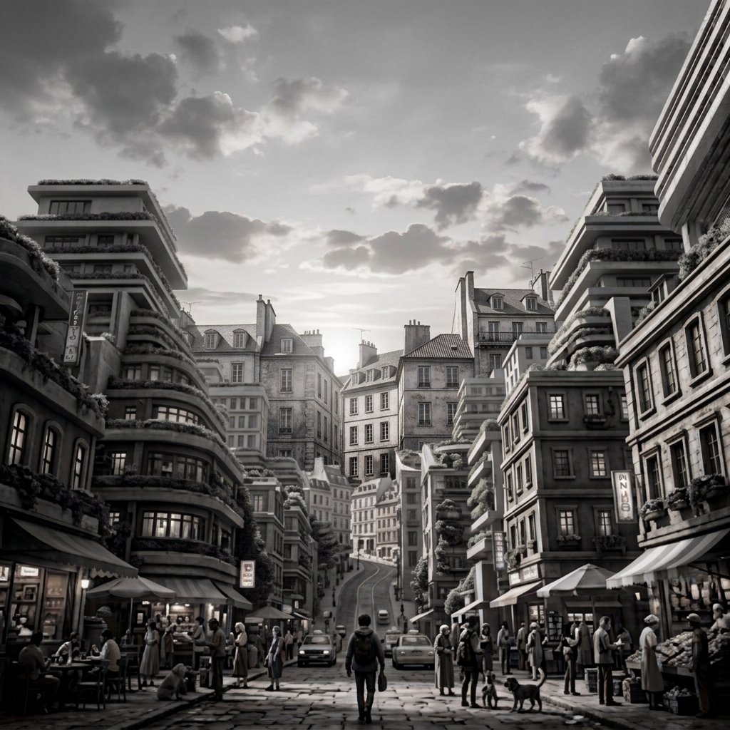 Artist's impression of a person walking along a road in a beautiful, calm, and dynamic city - illustrating how urban planning can align with the biological spatial navigation patterns imprinted in humans, rather than forcing movement into rigid grids