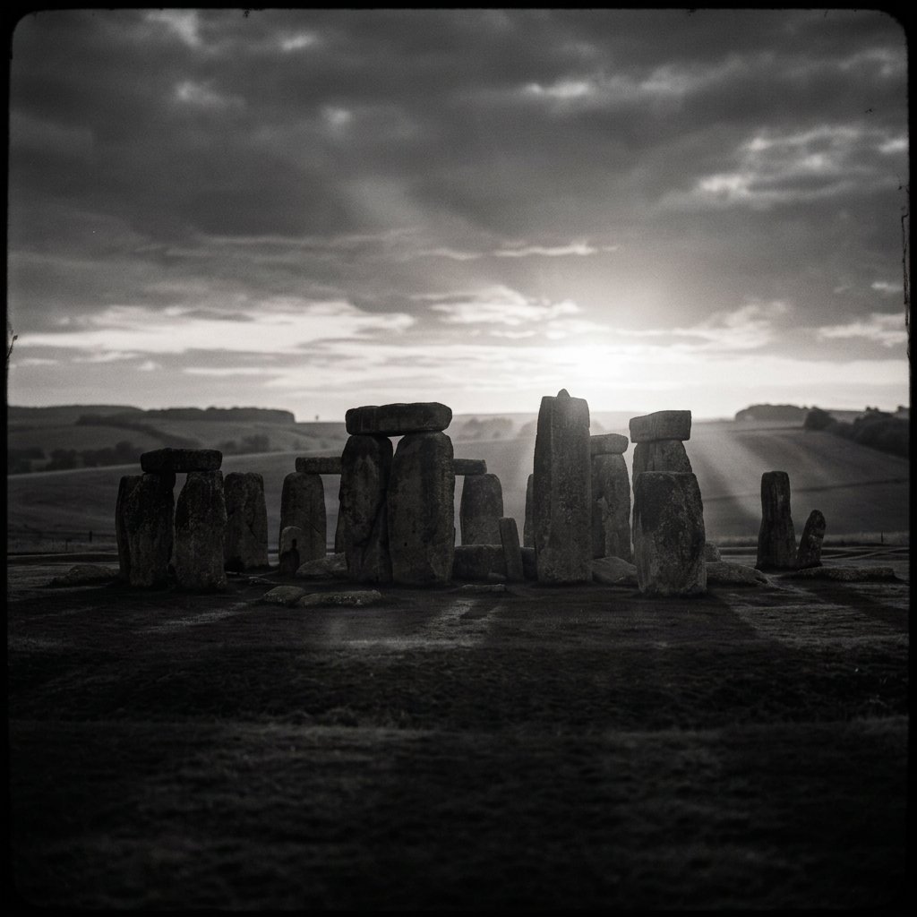 Artist's impression of Stonehenge at sunset - a megalithic monument built to serve as a calendar and astronomical clock to track seasons, might also represent the origins of architecture.